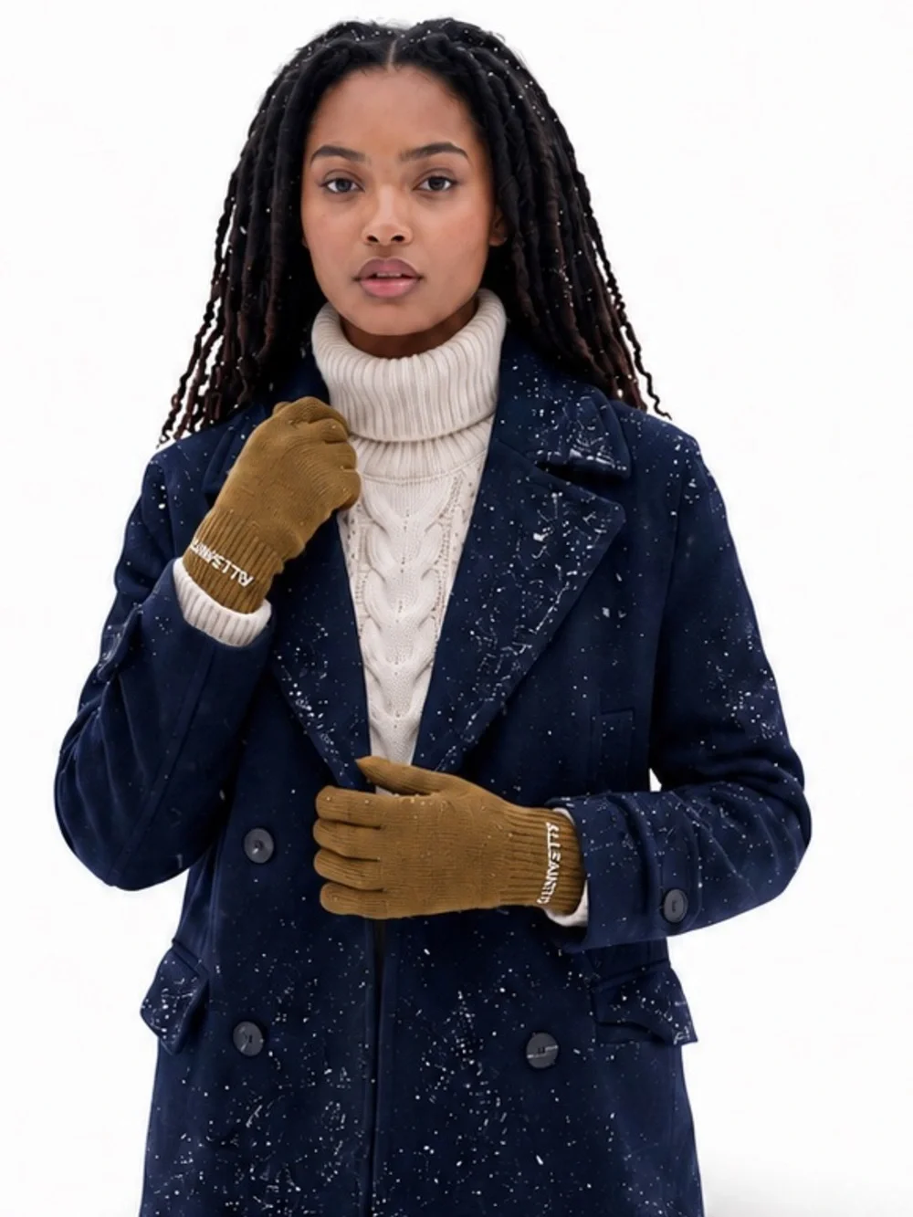 NWT AllSaints Women’s Gold Khaki Wool Blend Knit Touchscreen Logo Gloves OS
